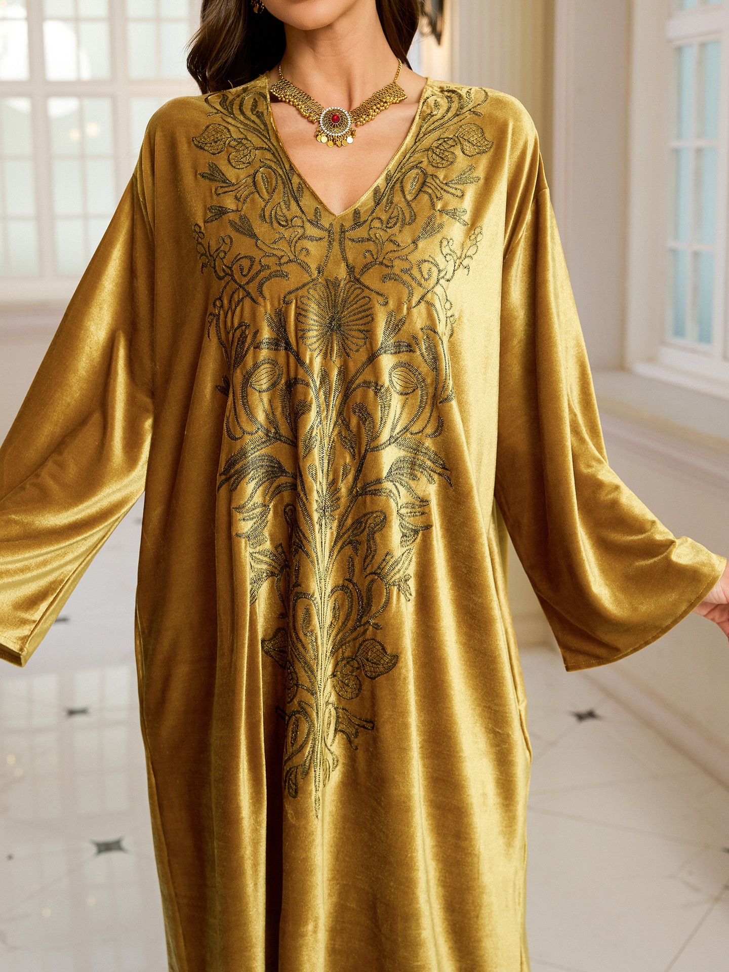 Elegant Embroidered Kaftan Dress Beach Bathing Suit Cover up Long Maxi Dress
